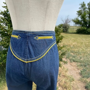 Vintage 80s Rag City Blues Western Dark Blue Jeans with Yellow Western Stitching & Smile Arrow Pockets Size 24x31