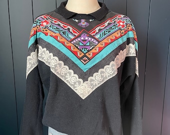 Vintage Black Southwestern & Lace Collared Sweatshirt