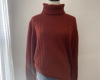 Vintage Rust Brown Cable Knit Turtleneck Sweater