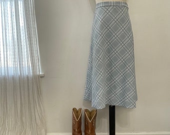 Vintage Light Blue & White Plaid Side Zip A-Line Skirt