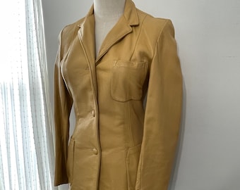 Vintage Yellowish Tan Leather 3 Button Blazer Jacket