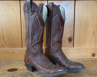 Vintage Hondo Chocolate Brown Leather Cowgirl Boots with Stitching, Size 6B