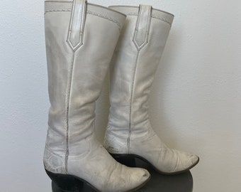 Botas Vaqueras Altas Vintage Hechas A Mano De Cuero Blanco Talla 6