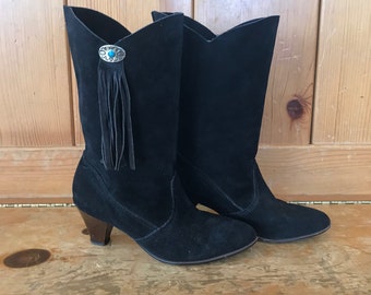 Vintage Black Suede Boots with Turquoise and Fringe Size 6.5