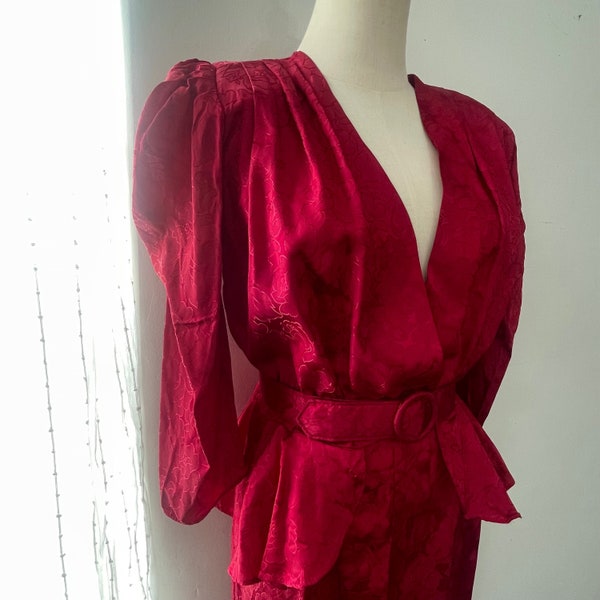 Vintage 80s Two-Piece Cherry Red Brocade Belted Peplum Top and Pencil Skirt