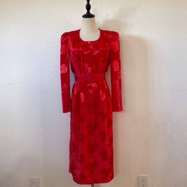 Vintage 80s Made in USA Red Belted Long Sleeve Dress with Shoulder Pads