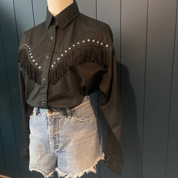 Vintage Black Fringe Pearl Snap Western Shirt with Silver Studs