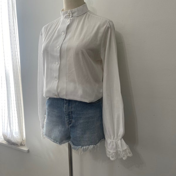 Vintage 60s White Blouse with Lace Trim Bell Sleeve