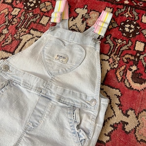 Vintage Little BB Toddler Light Blue Denim Short Overalls with Heart Bib & Rainbow Straps Size 4T
