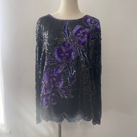 Vintage 70s Swee Lo Sequin Black & Purple Floral … - image 4