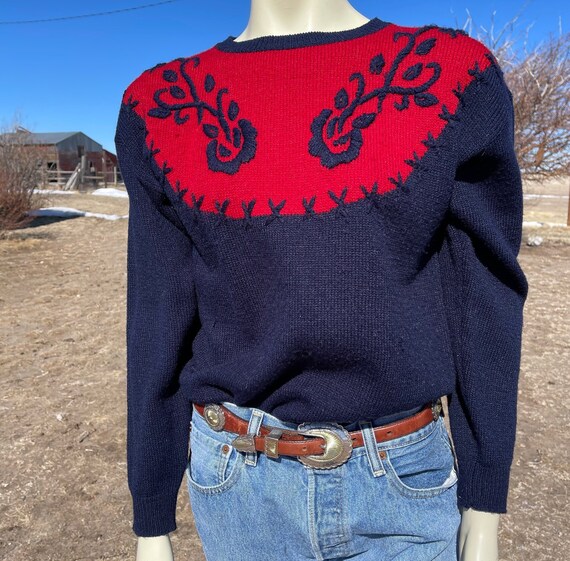 Vintage 90s Navy with Red & Navy Embroidered Yoke… - image 3