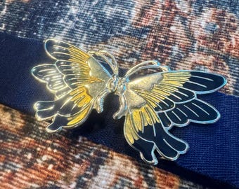 Vintage Navy Fabric Belt with Navy, Silver & Gold Enamel Butterfly Buckle