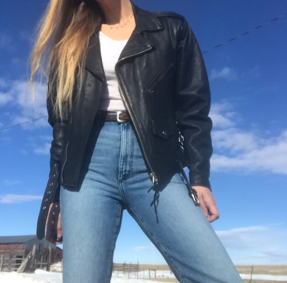 Vintage 80s Black Leather Belted Motorcycle Jacket