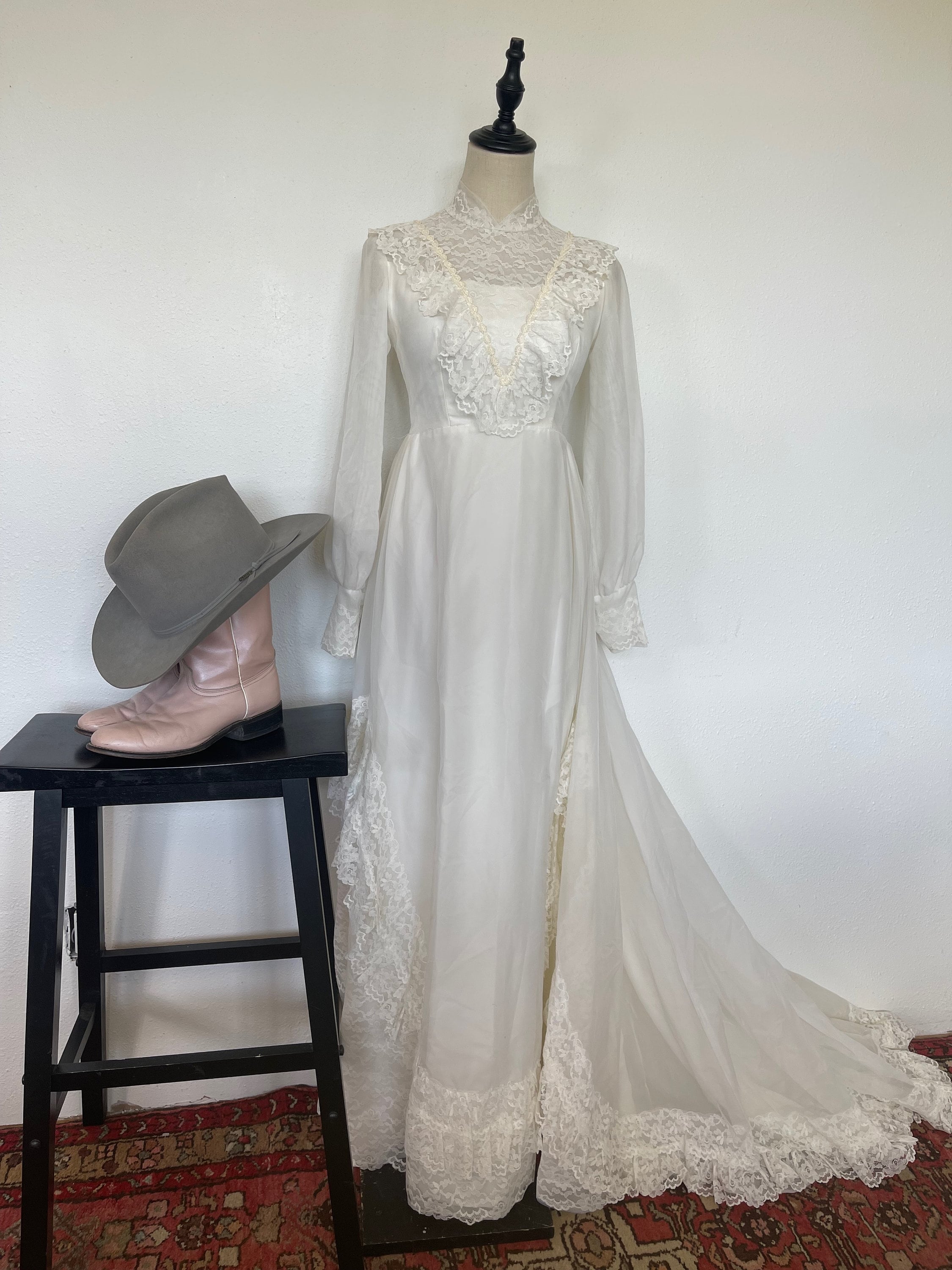 Vintage 60s Union Made Ivory High Neck Long Sleeve Lace Bridal Gown with Train