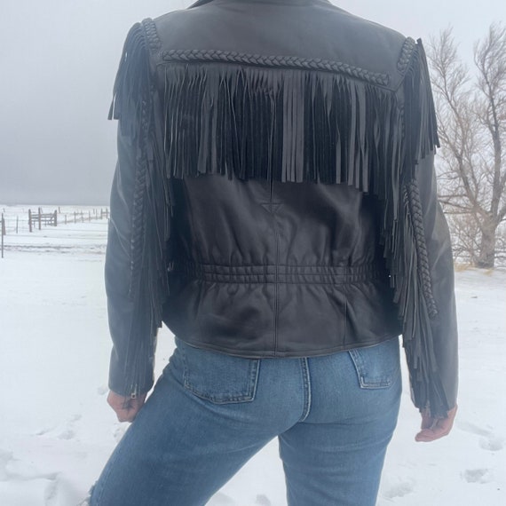 Vintage 80s Black Leather Fringe Belted Biker Jac… - image 4