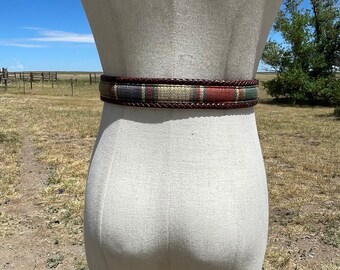 Vintage Brown Leather Belt with Southwestern Fabric Design with Silver Buckle and Stay