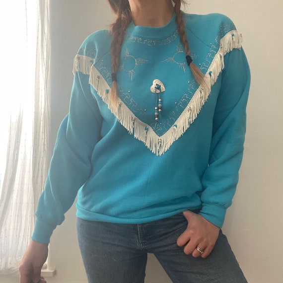 Vintage Turquoise with White Fringe Sweatshirt