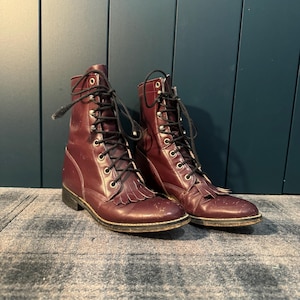 Vintage bordeauxrode westernlaarzen met veters, herenmaat 5,5 damesmaat 7