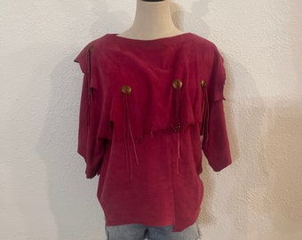 Vintage Dark Pink Suede Scoop Neck Asymmetrical Top with Brass Adornments