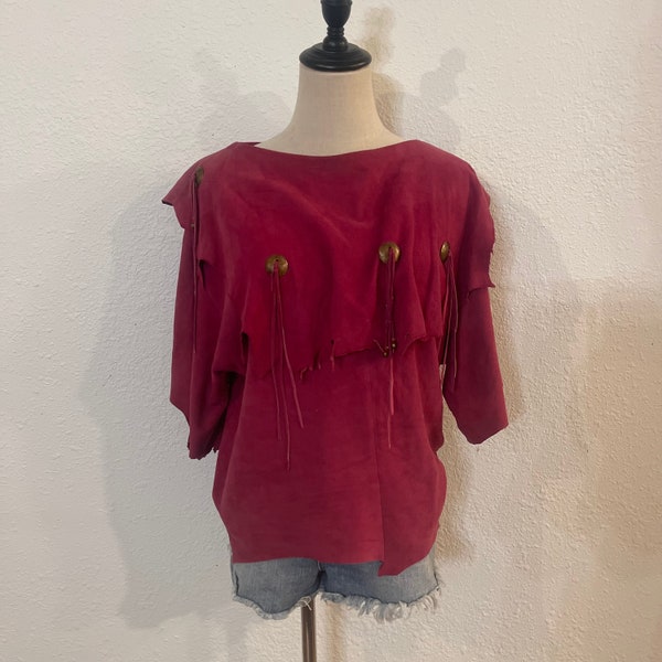 Vintage Dark Pink Suede Scoop Neck Asymmetrical Top with Brass Adornments