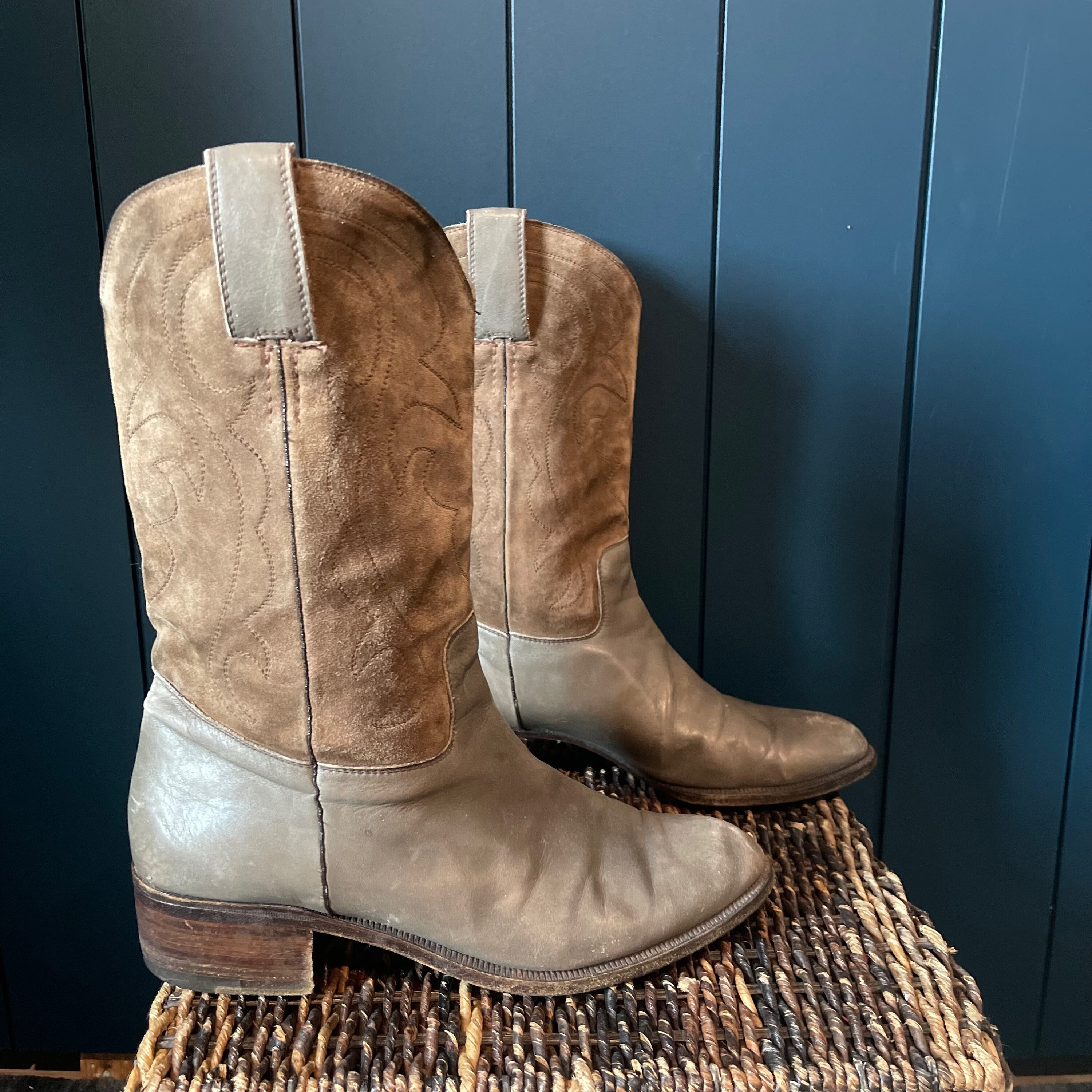 70s Italian Leather Western Boots, Handmade Suede Accents 