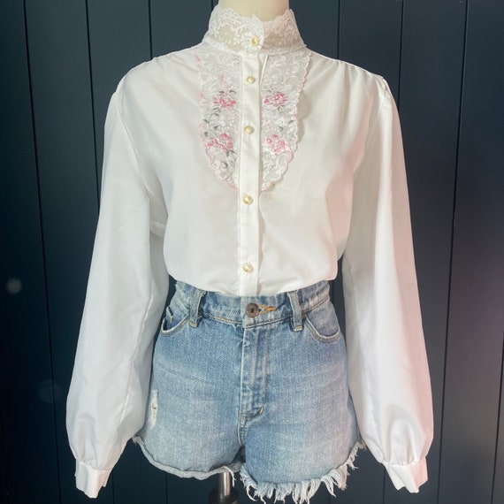 新品 正規品!!  Vintage Lace Floral With Blouse Neck High Lace White 70s トップス