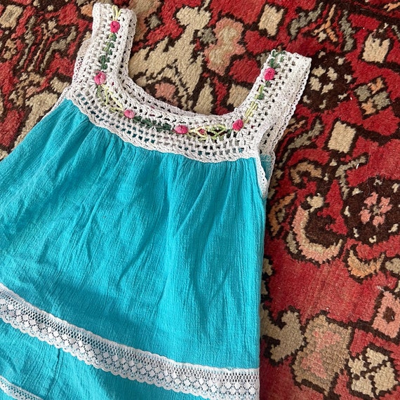 Vintage Little BB Girls Turquoise Dress with Whit… - image 2