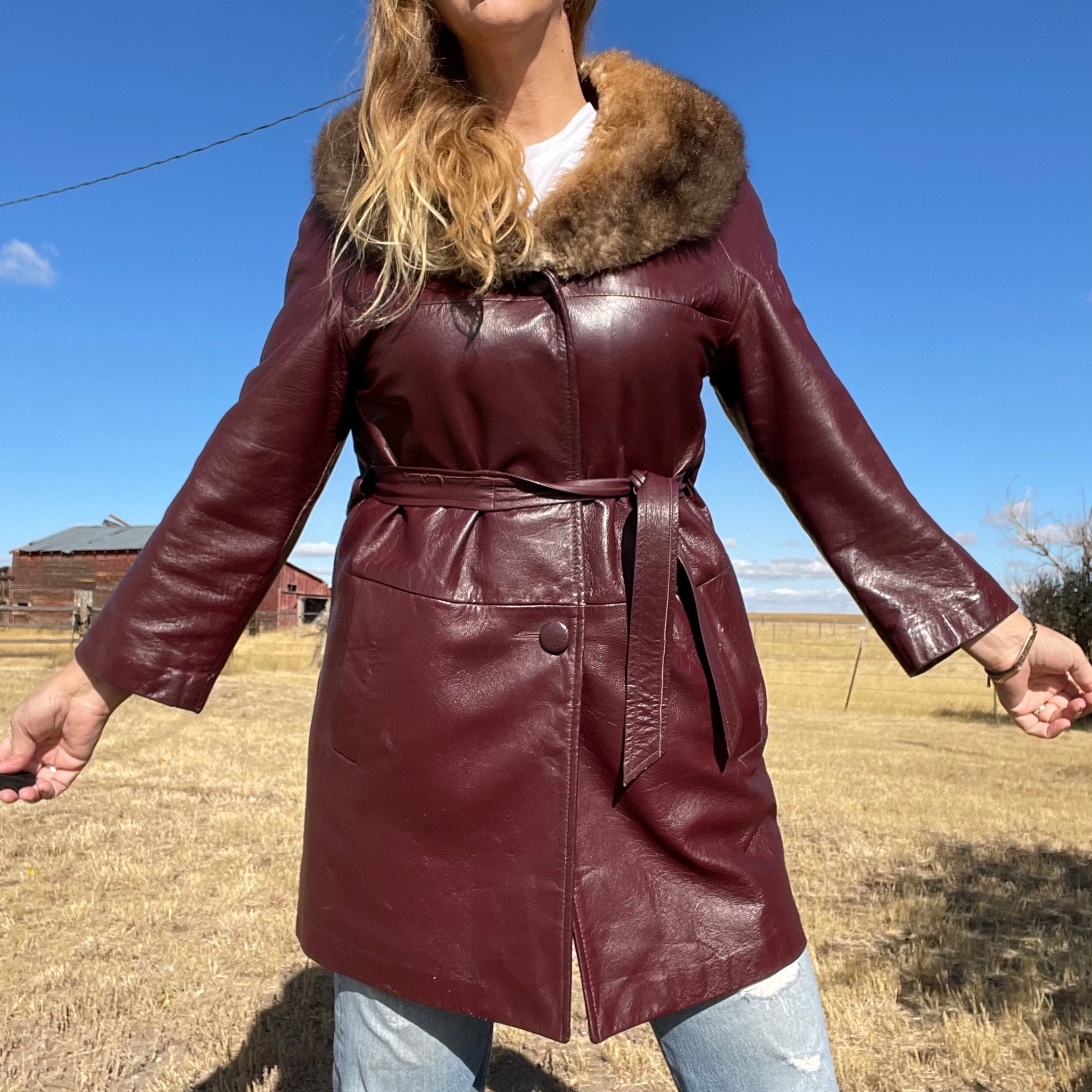 Vintage 70s Oxblood With Fur Trim Leather Belted Penny Lane