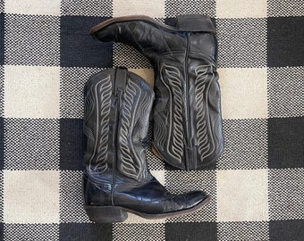 Vintage Tony Lama Black With White Flame Stitch Western Boots Mens