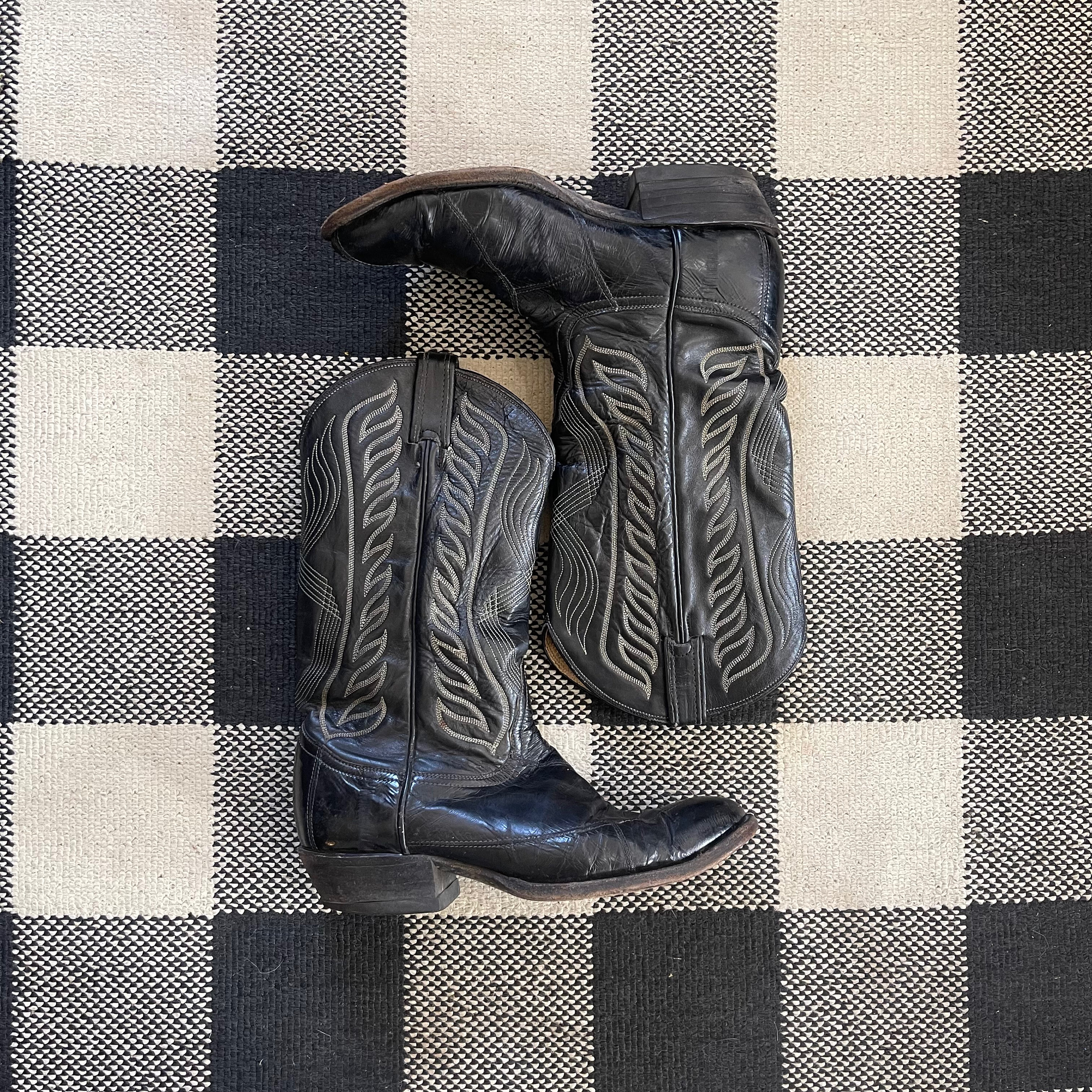 Vintage Tony Lama Black With White Flame Stitch Western Boots Mens