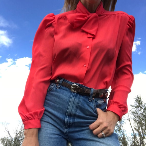 Vintage 80s Coral/Orange Blouse with Neck Tie Deta