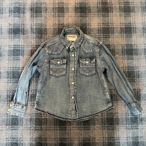 Camisa vintage Little BB Kids azul escuro jeans western pérola snap tamanho infantil XS