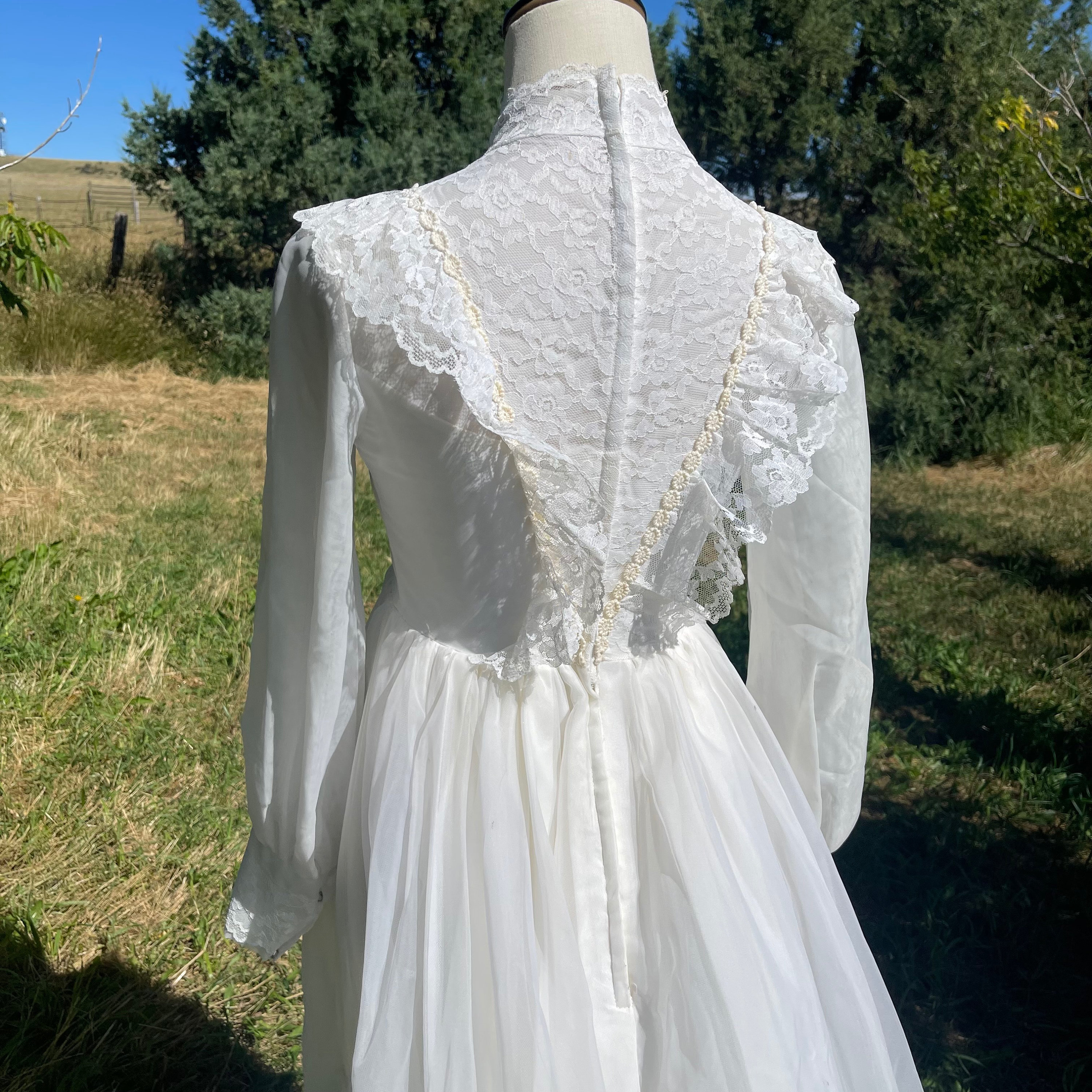 Vintage 60s Union Made Ivory High Neck Long Sleeve Lace Bridal Gown with Train