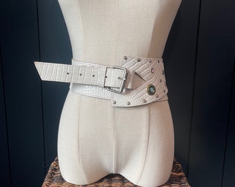 Vintage White Croc Stamped Asymmetrical Laser Cut Gemstone Belt
