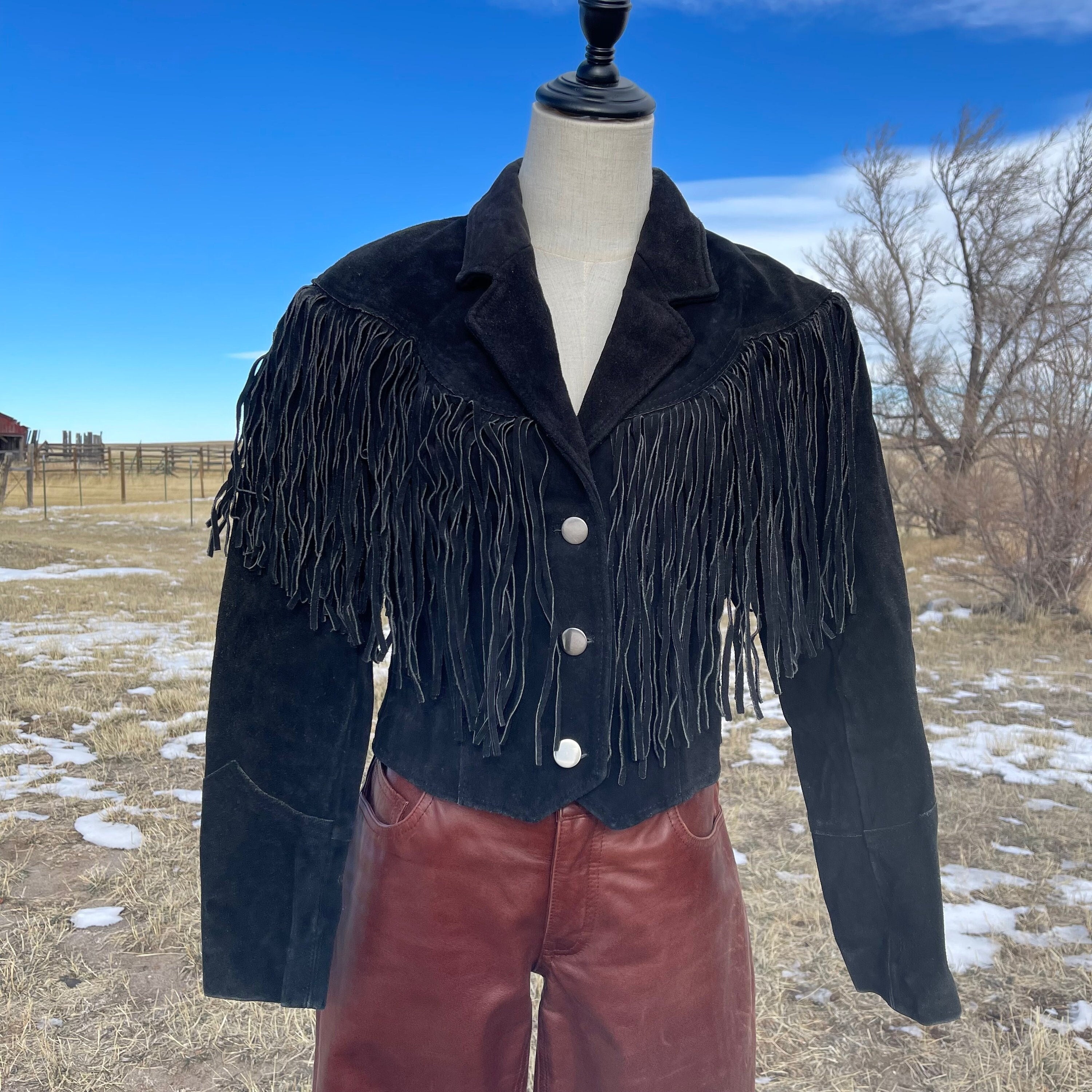Vintage 70s Pioneer Wear Black Suede Fringe Jacket - Etsy Vintage 70s Pioneer Wear Black Suede Fringe Jacket - Etsy