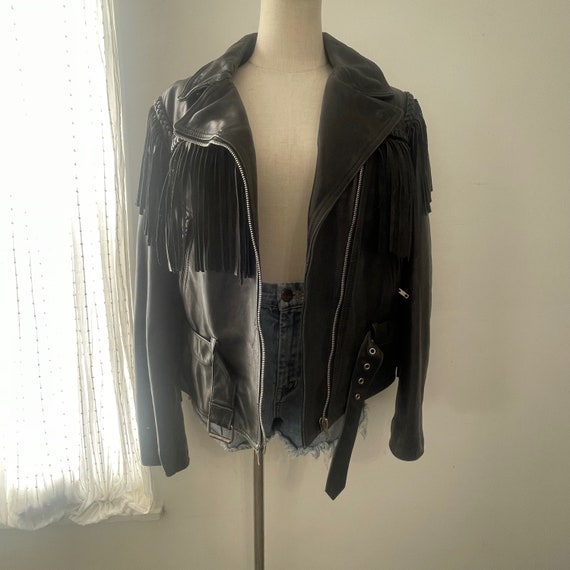 Vintage 80s Black Leather Fringe Belted Biker Jac… - image 5