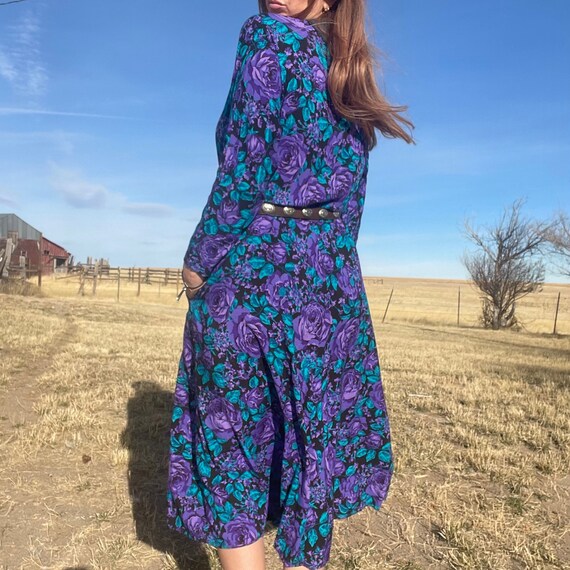 Vintage 80s Purple & Teal Floral Long Sleeve Dress - Etsy