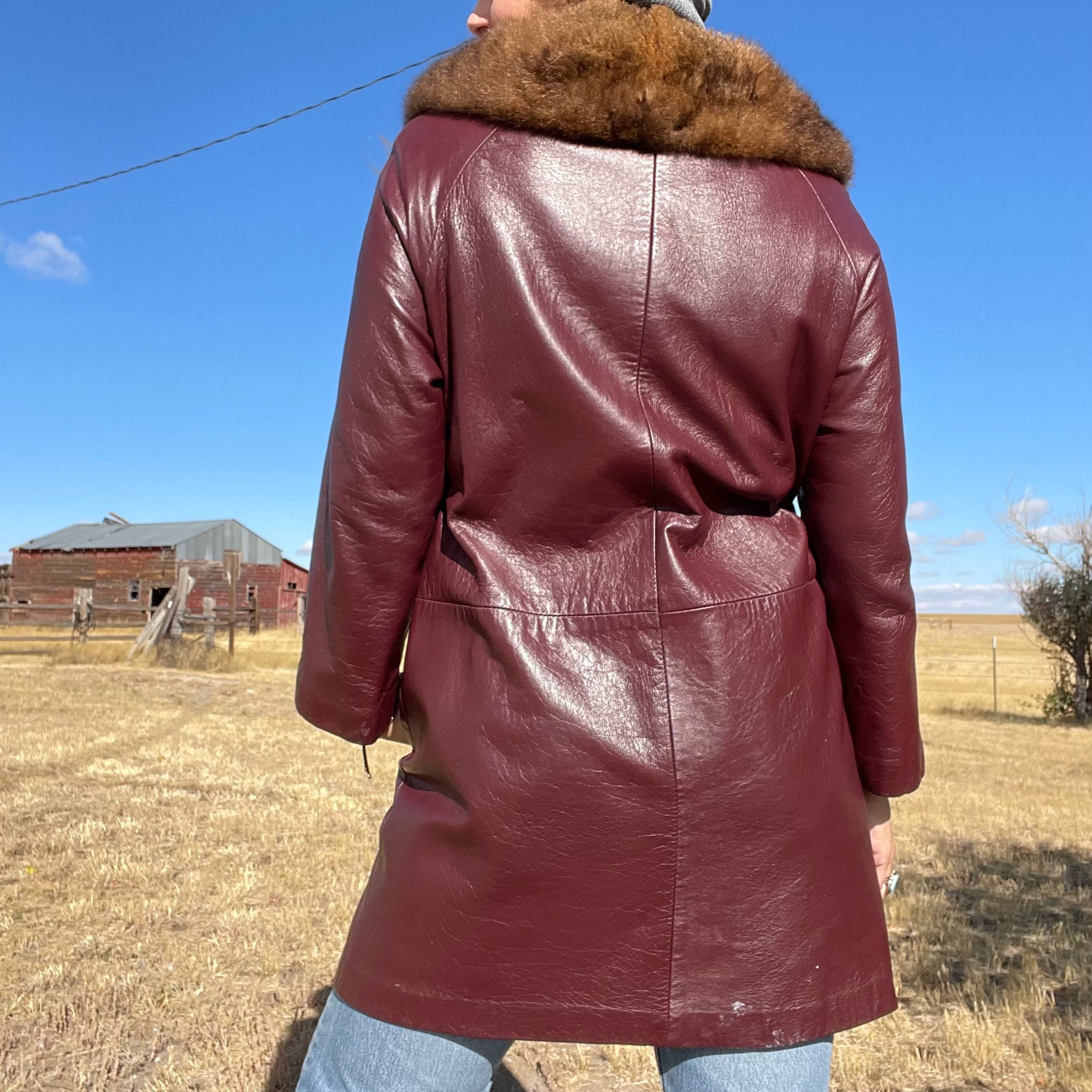 Vintage 70s Oxblood With Fur Trim Leather Belted Penny Lane Coat