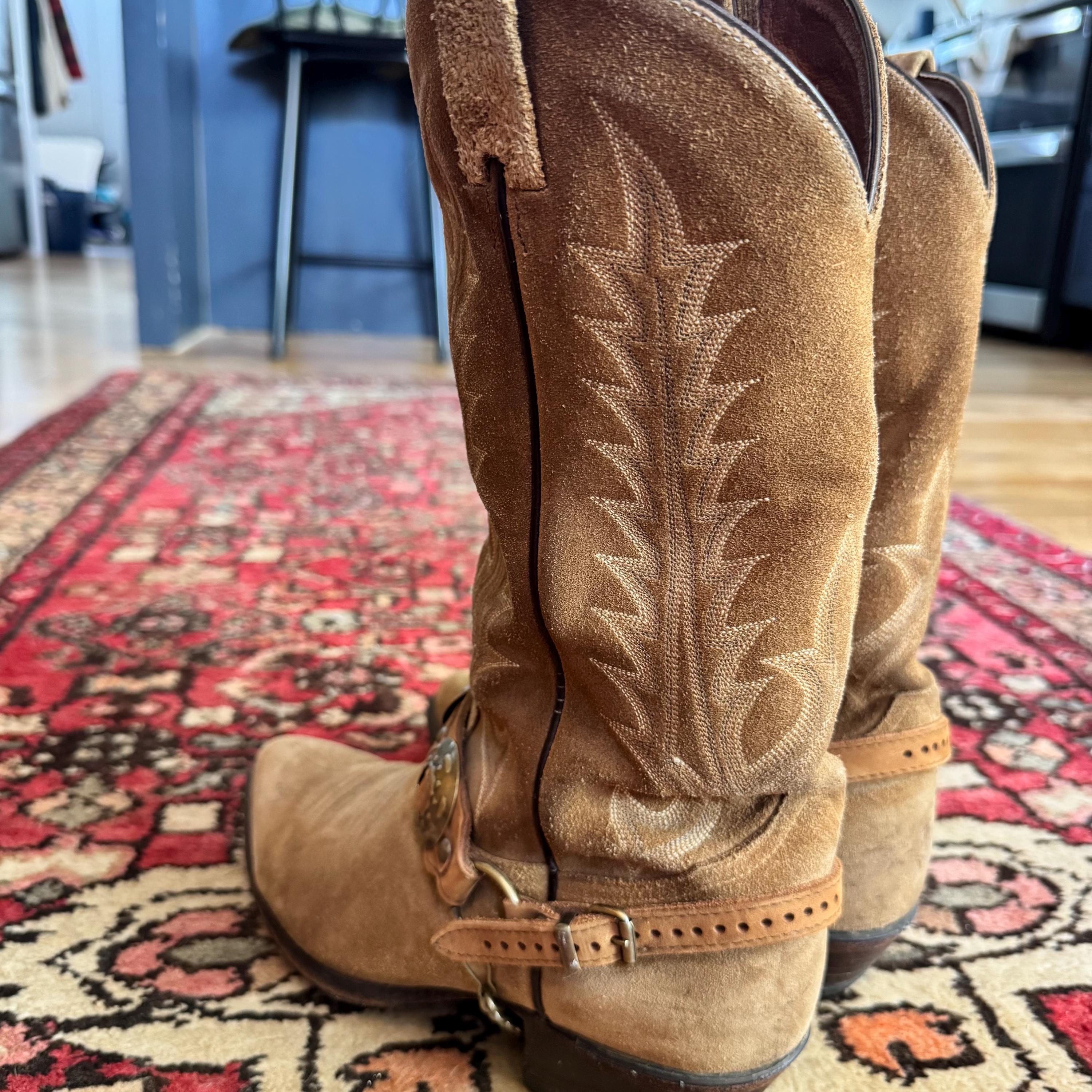 Vintage Tony Lama Suede Western Boots With Flame Stitch 
