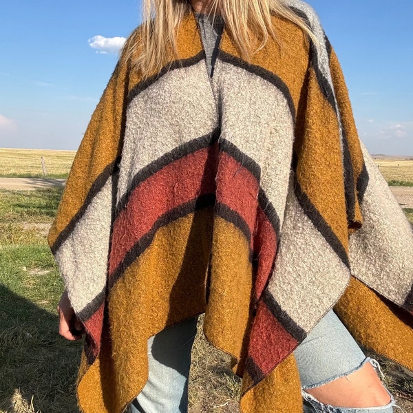 Vintage Cozy Earthtone Striped Blanket Wrap/Poncho