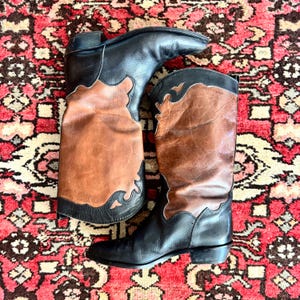Vintage 90s Joan & David Italian Brown/Black Two-Tone Western Boots Women's Size 7