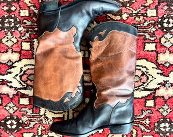 Vintage 90s Joan & David Italian Brown/Black Two-Tone Western Boots Women's Size 7