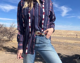 Vintage Navy Southwestern Print Pearl Snap Western Shirt