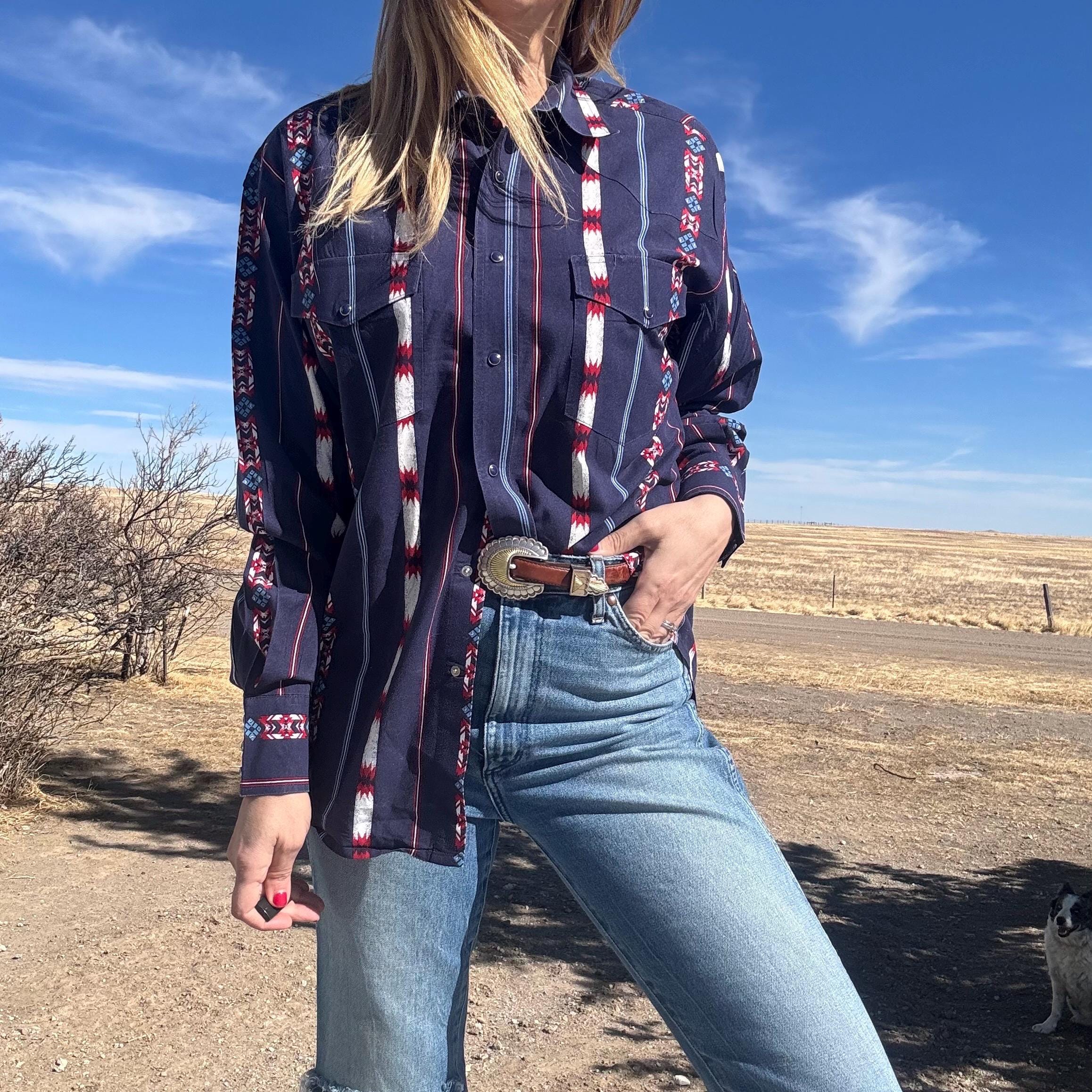 Chemise Vintage Fred David – Femme – Taille 8 – Bleu & Blanc – Sud-Ouest/ Western