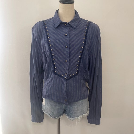 Vintage 80s Blue Striped Silky Long Sleeve Studde… - image 3