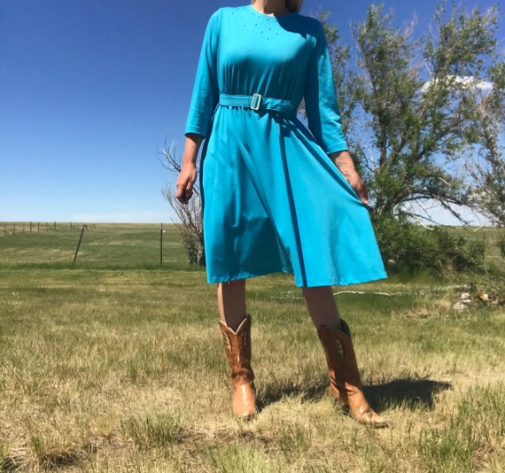 Vintage 60s Baby Blue Belted & Jeweled Yoke Dress
