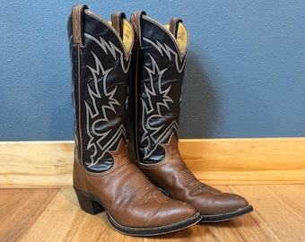 Stivali da cowgirl vintage Tony Lama marroni bicolore con cuciture a fiamma, taglia 6,5