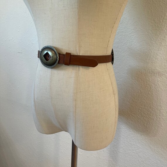 Vintage Western Brown Leather Belt with Brass Con… - image 2