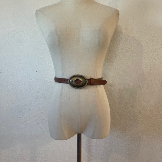 Vintage Western Brown Leather Belt with Brass Con… - image 5