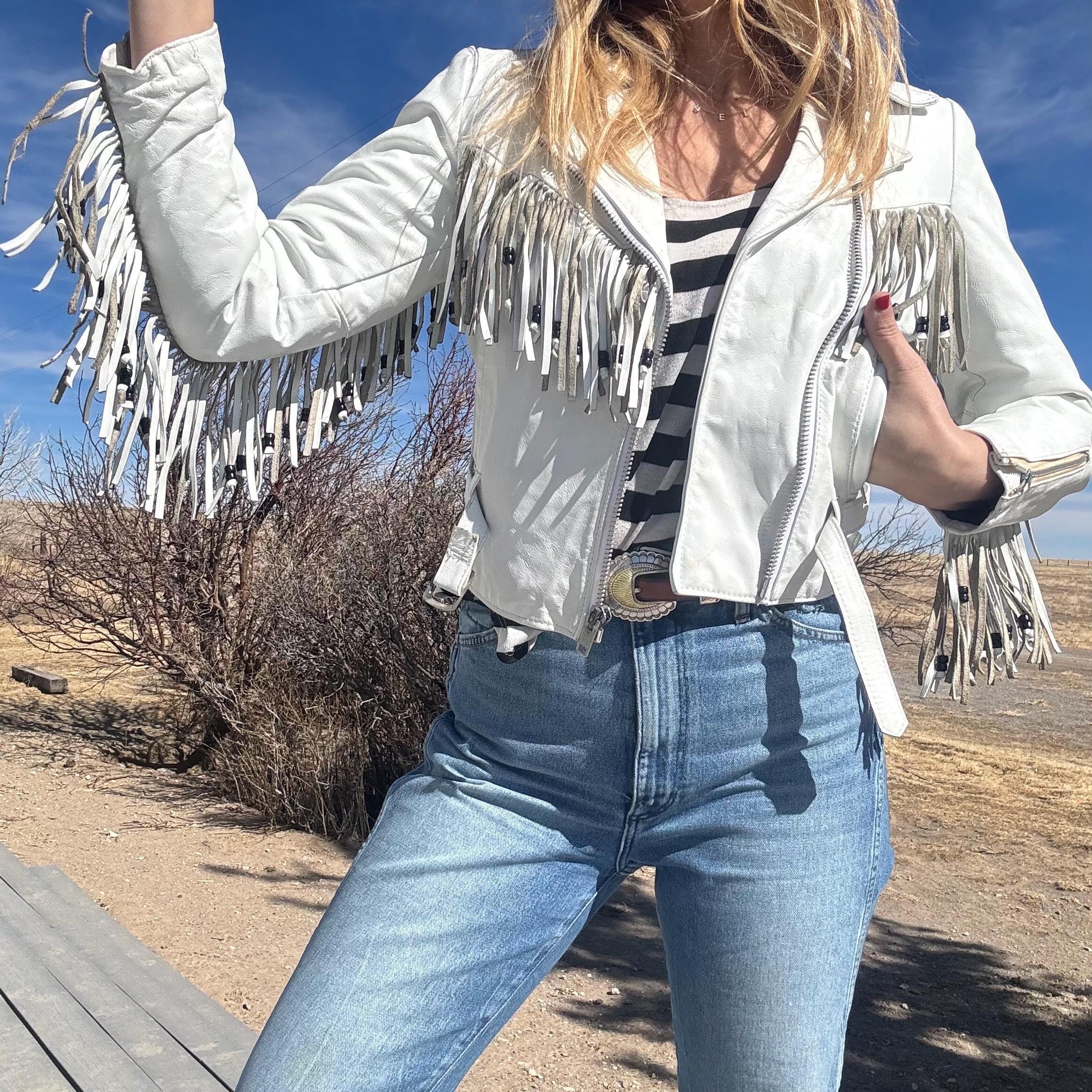 Vintage 80s Steer Brand USA White Leather Fringe Belted Jacket